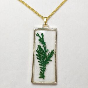 Necklace Gold Tone Rectangle w/ Dried Leaves